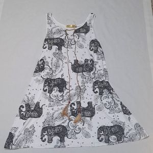 Indian Elephant Boho Printed Sleeveless Summer Tank Dress with Feathers